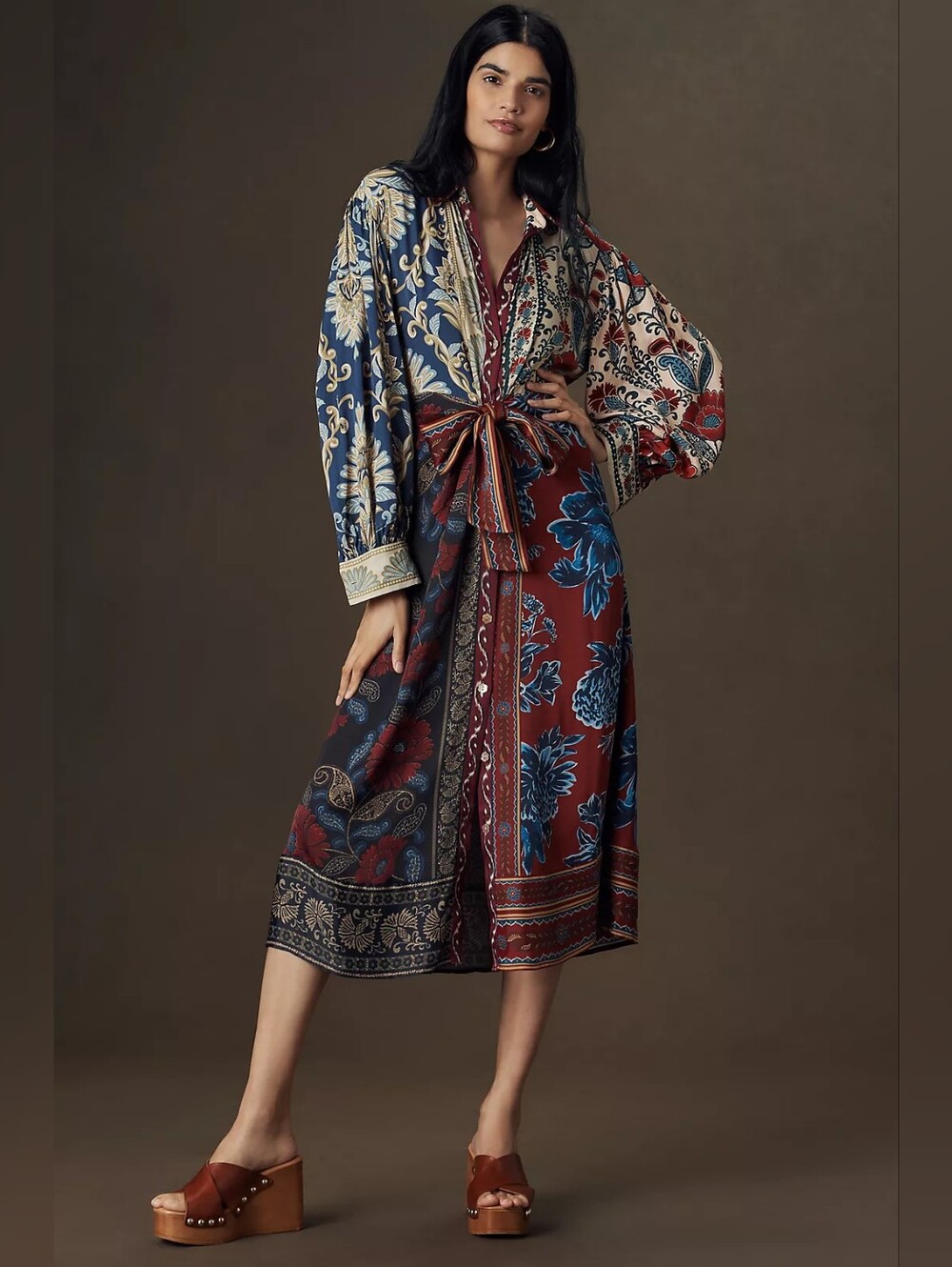 Farm Rio Anthropologie Winter Mix Midi Shirt Dress Patchwork Size S